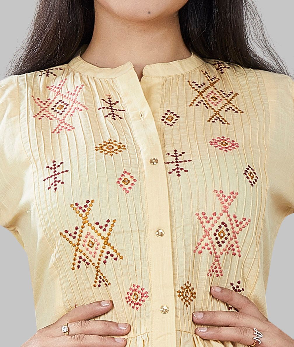 Light Yellow Cotton A-Line Embroidered Kurta