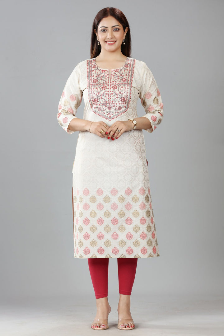 Off White Cotton Silk Embroidered Straight Kurta