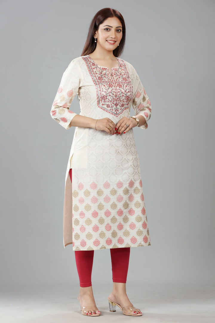 Off White Cotton Silk Embroidered Straight Kurta