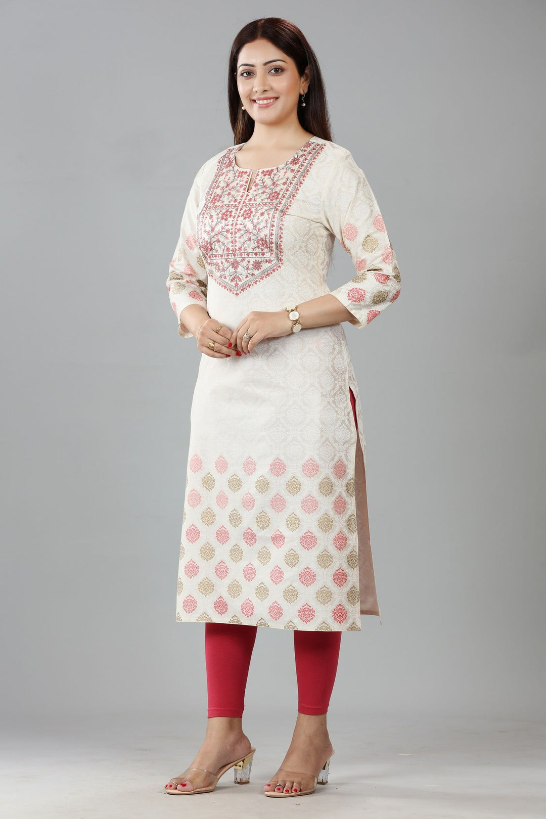 Off White Cotton Silk Embroidered Straight Kurta