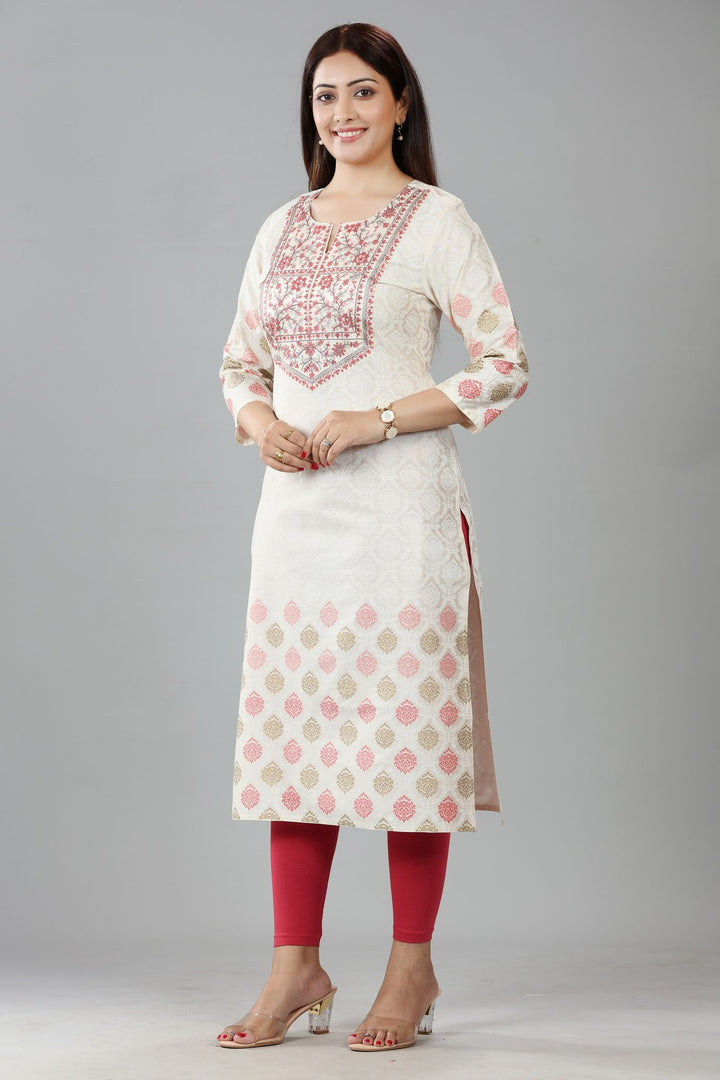 Off White Cotton Silk Embroidered Straight Kurta