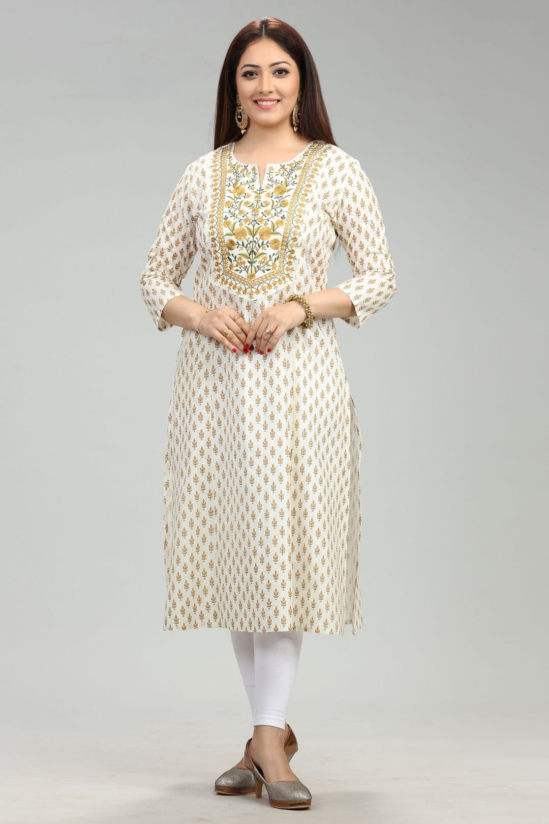 Cream Rayon Straight Embroidered Kurta