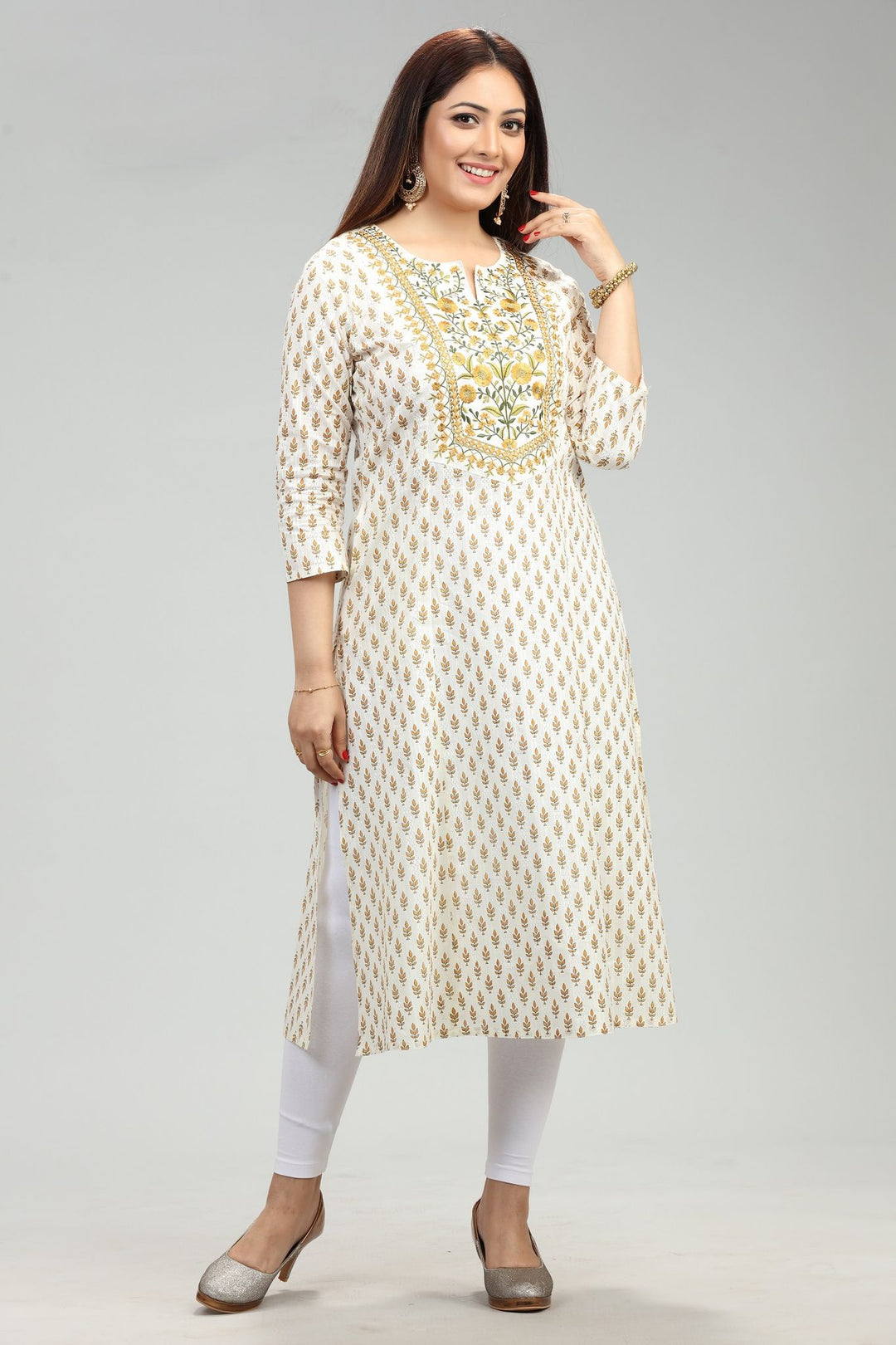 Cream Rayon Straight Embroidered Kurta