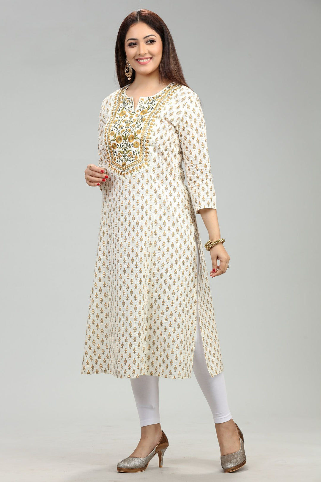 Cream Rayon Straight Embroidered Kurta