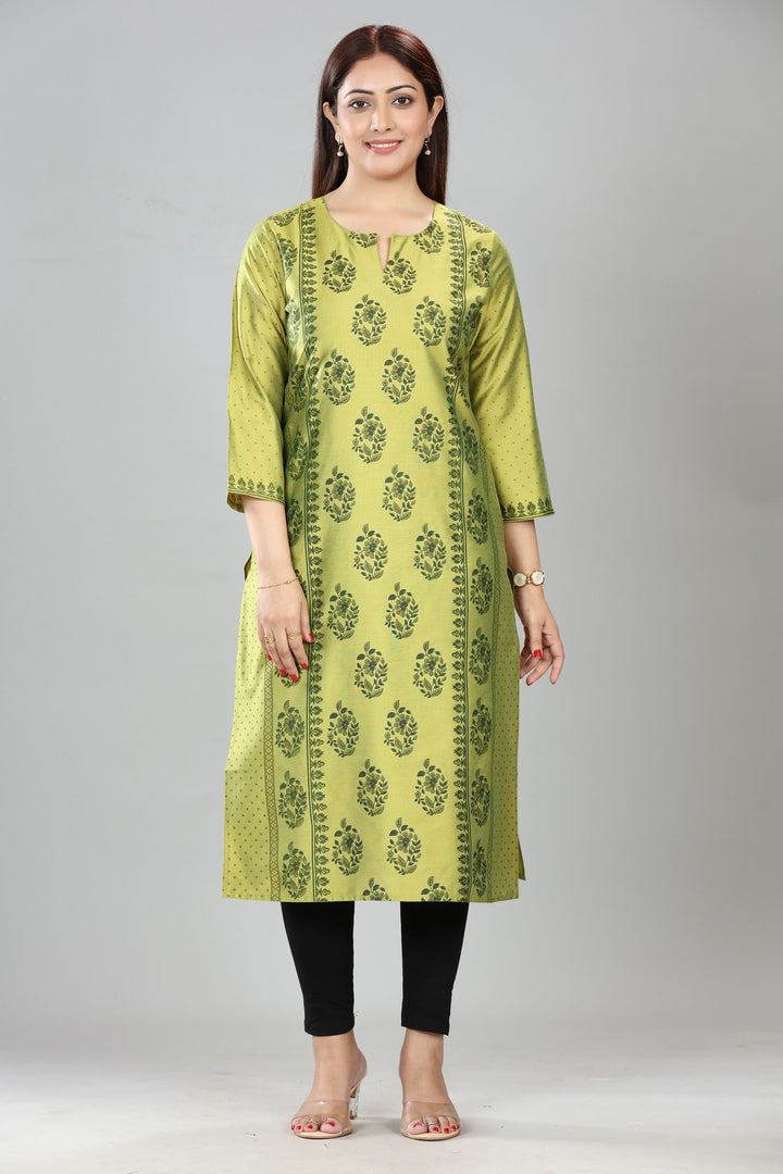 Neon Green Cotton Silk Printed Straight Kurta