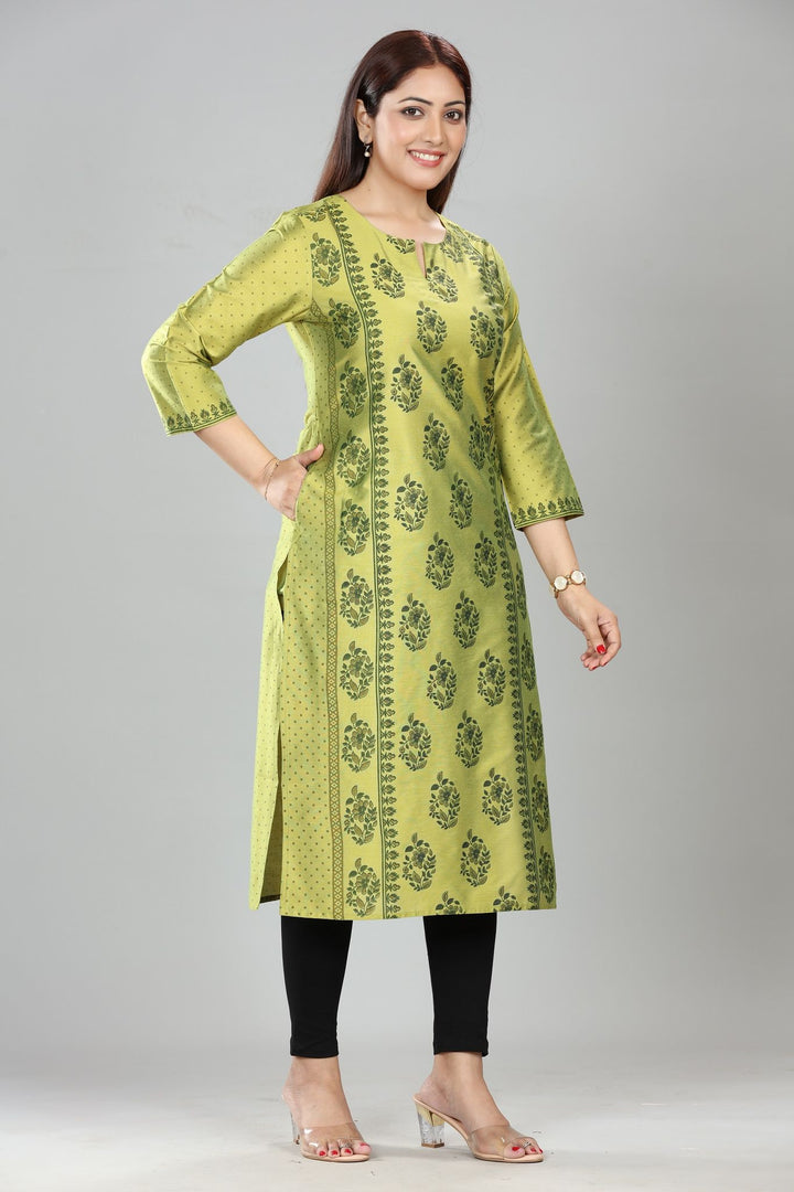 Neon Green Cotton Silk Printed Straight Kurta