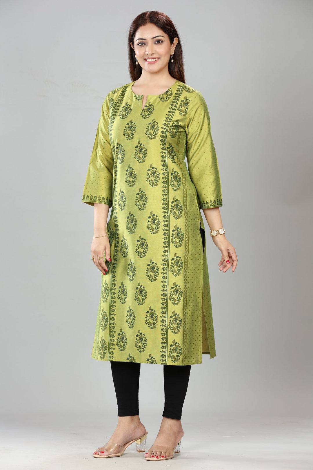 Neon Green Cotton Silk Printed Straight Kurta