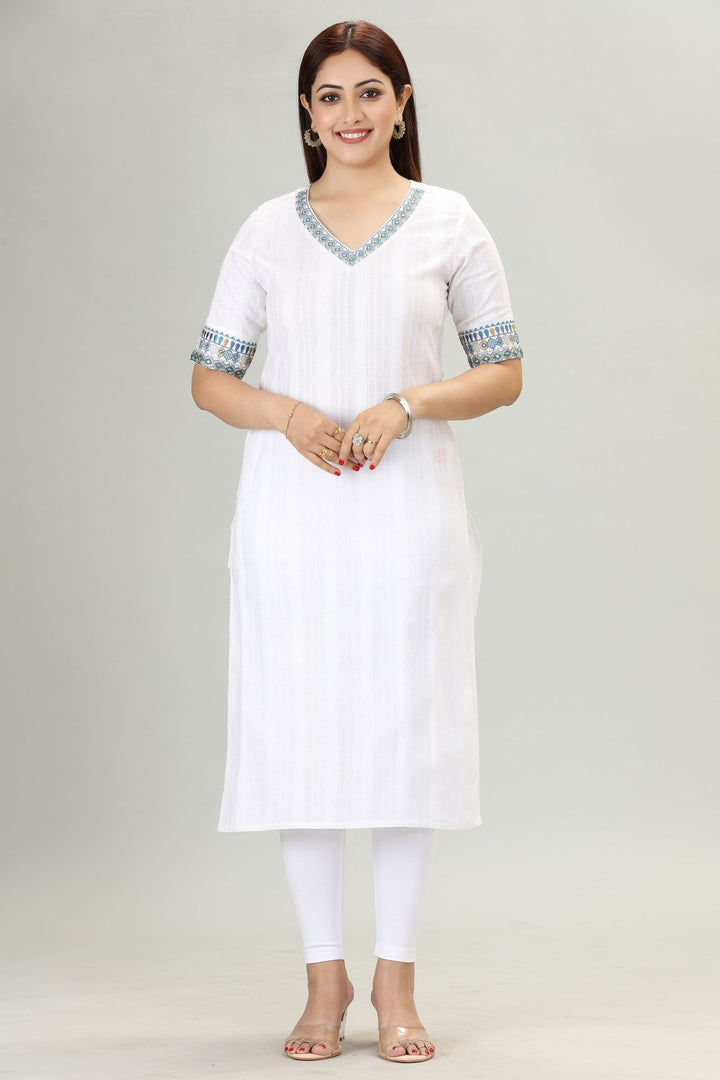 White Cotton Straight Embroidered V Neck Kurta