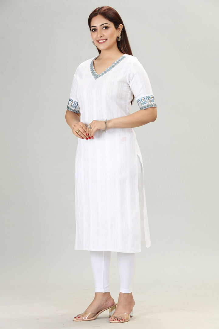 White Cotton Straight Embroidered V Neck Kurta