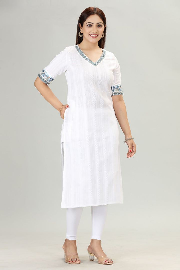 White Cotton Straight Embroidered V Neck Kurta