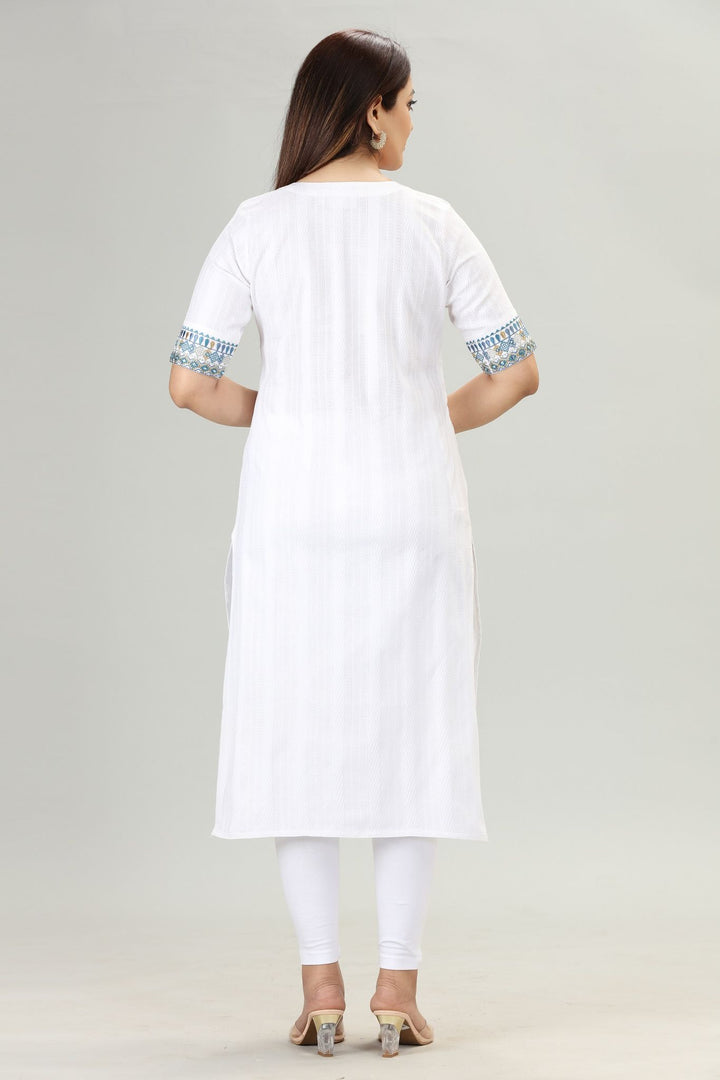 White Cotton Straight Embroidered V Neck Kurta