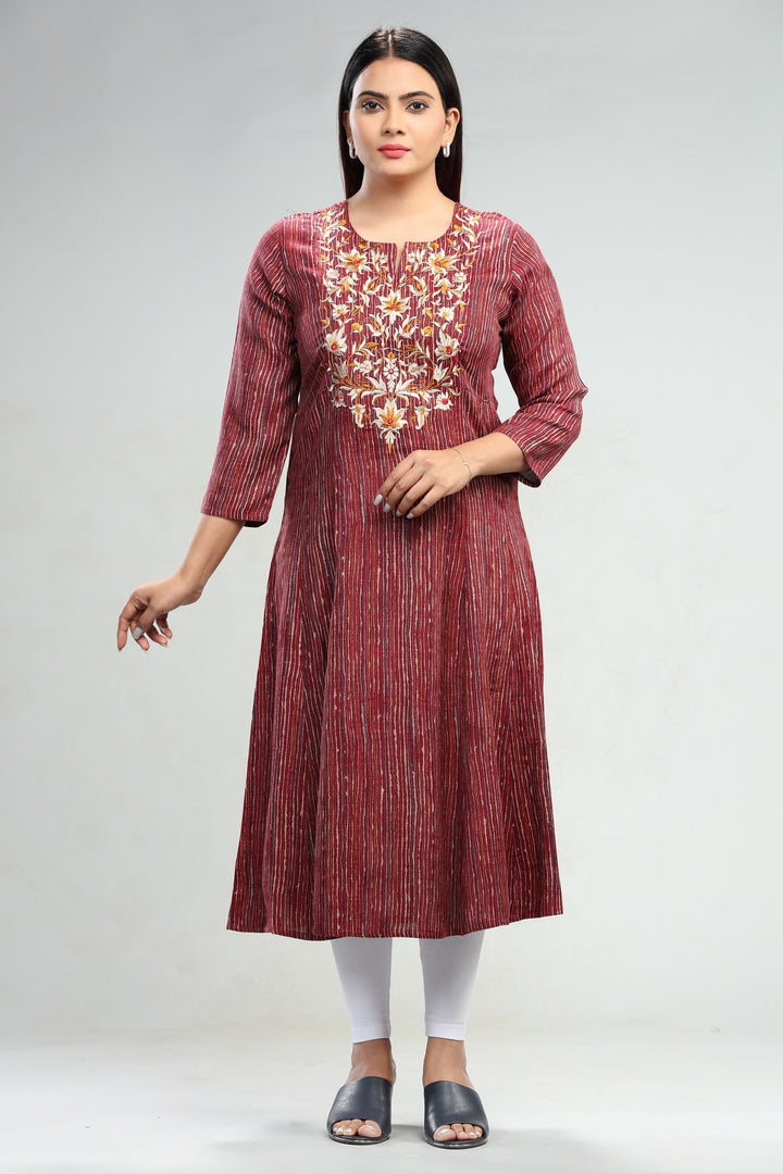 Maroon Cotton A Line Embroidered Yarndyed Kurta