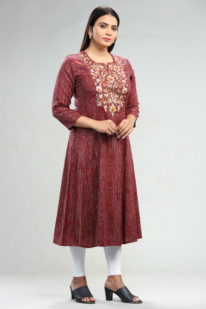 Maroon Cotton A Line Embroidered Yarndyed Kurta