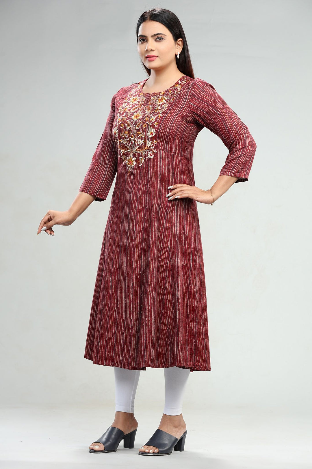 Maroon Cotton A Line Embroidered Yarndyed Kurta