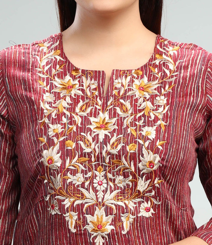 Maroon Cotton A Line Embroidered Yarndyed Kurta