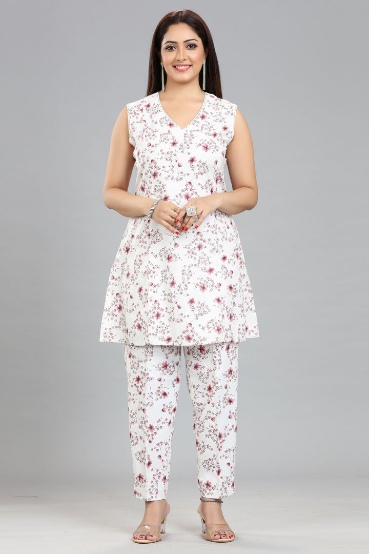 Off White & Pink Cotton Printed Kurta pant Co ord Set