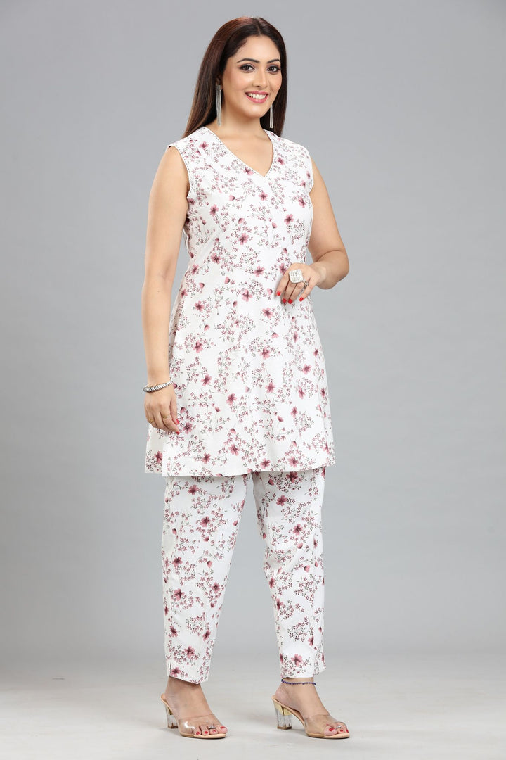 Off White & Pink Cotton Printed Kurta pant Co ord Set