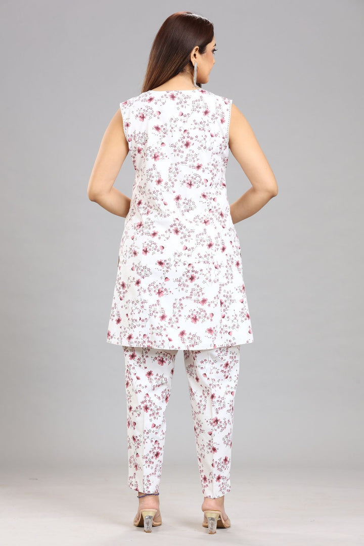 Off White & Pink Cotton Printed Kurta pant Co ord Set