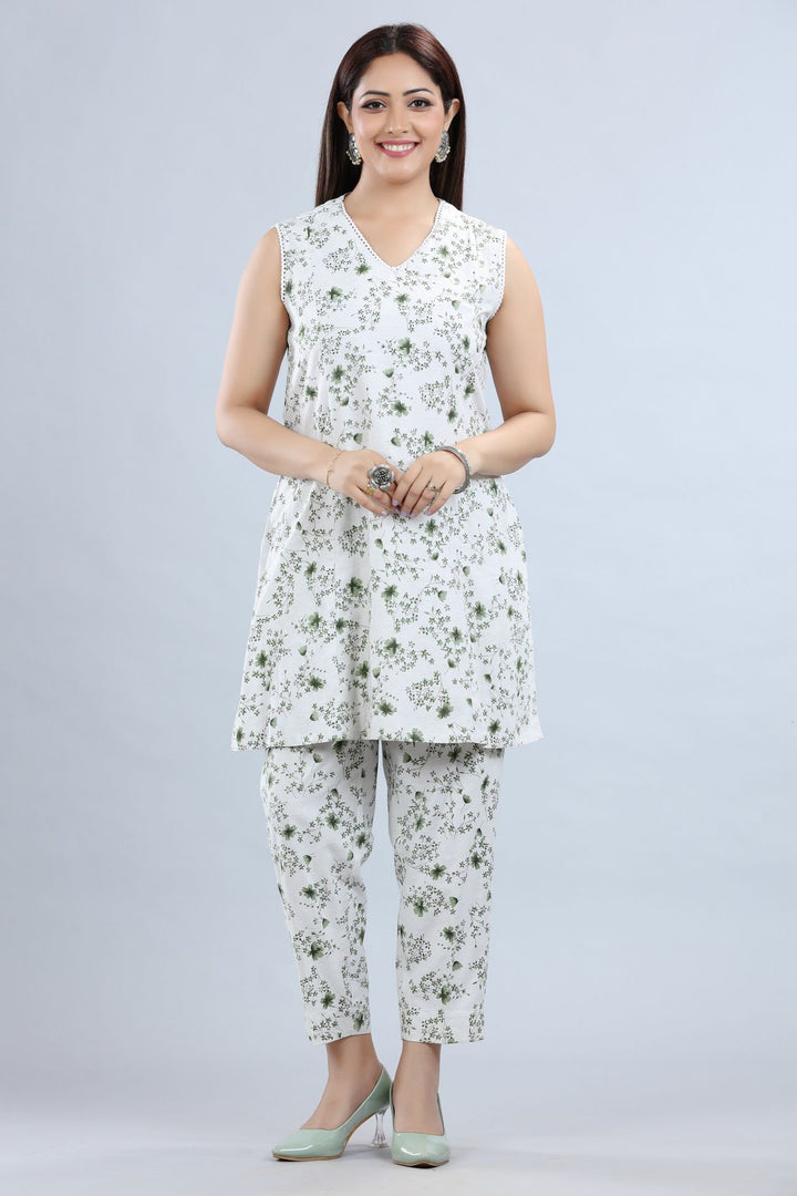 Off White & Green Cotton Printed Kurta Pant Co ord Set