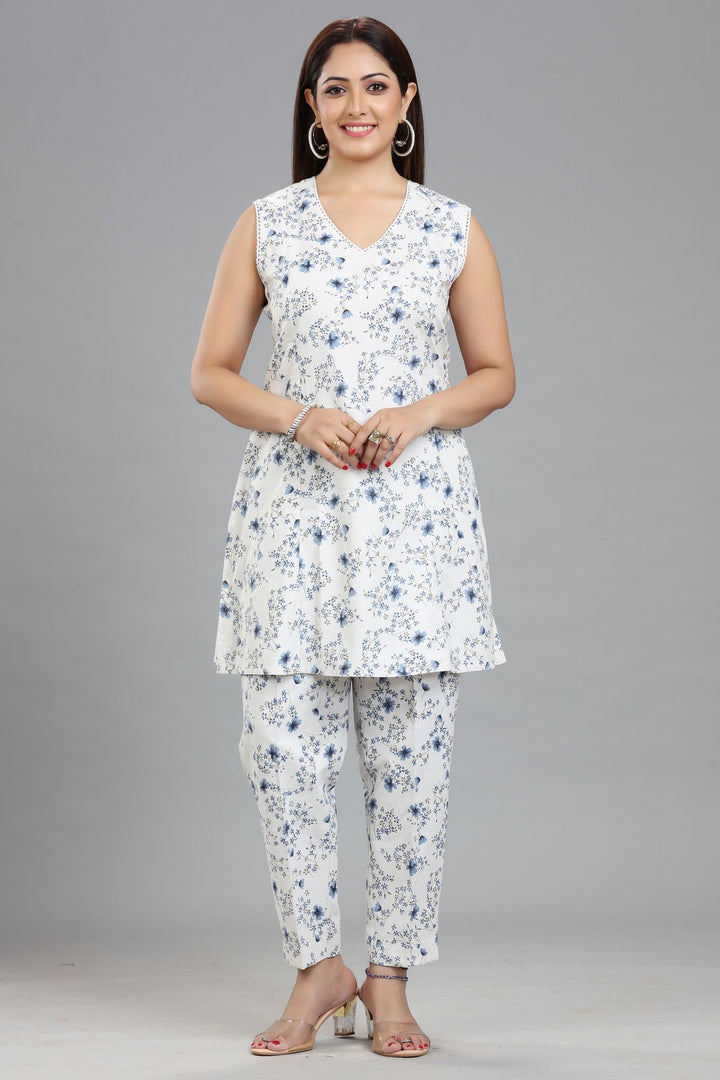 Off White & Blue Cotton Printed Kurta Pant Co ord Set