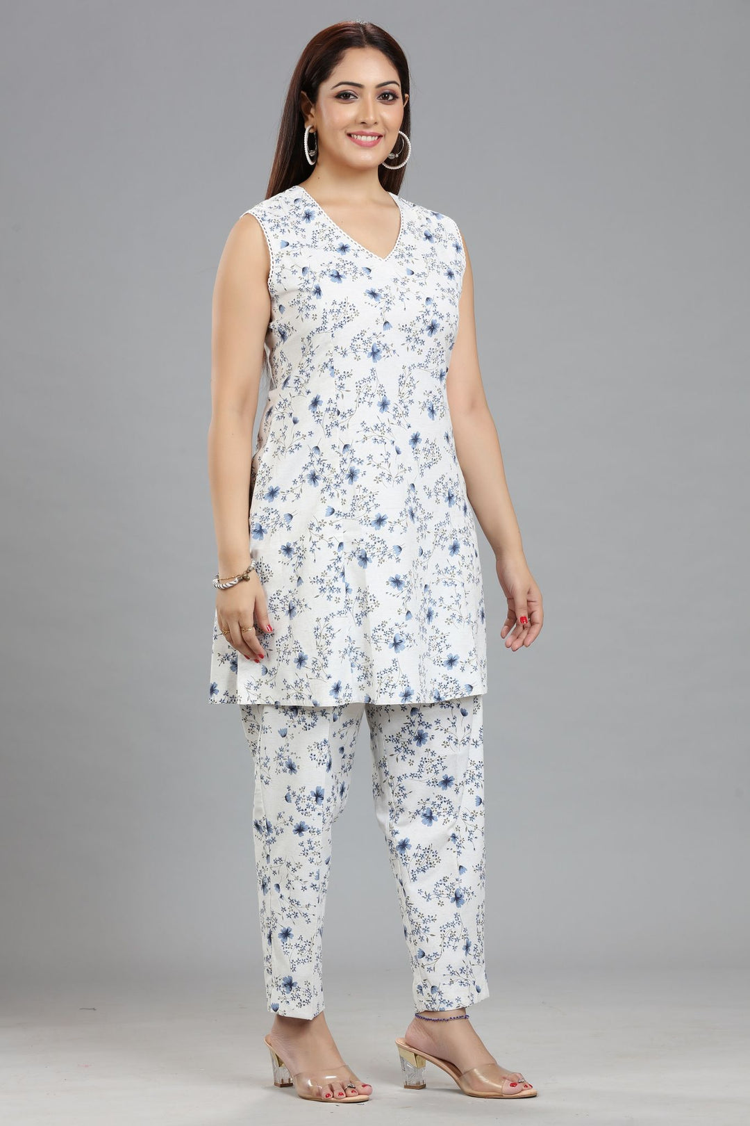 Off White & Blue Cotton Printed Kurta Pant Co ord Set