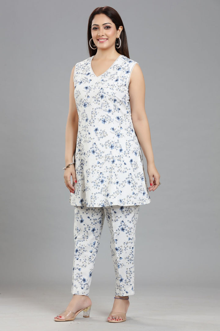 Off White & Blue Cotton Printed Kurta Pant Co ord Set