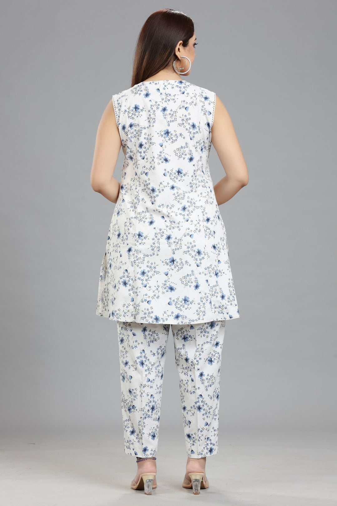 Off White & Blue Cotton Printed Kurta Pant Co ord Set