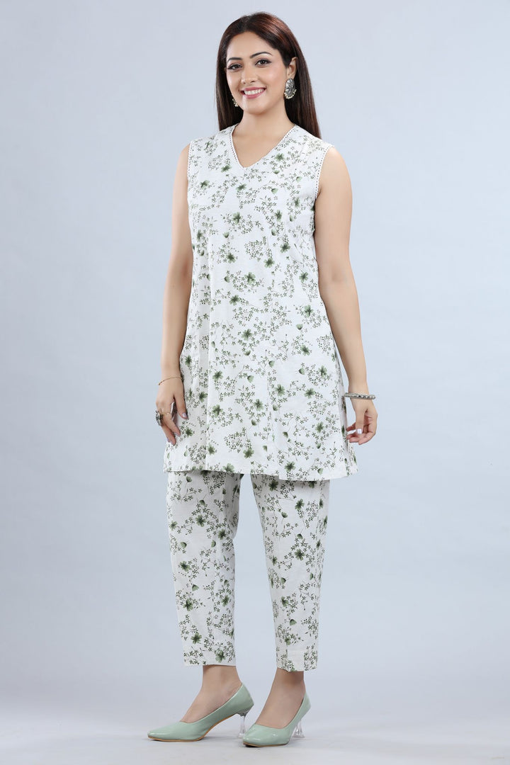 Off White & Green Cotton Printed Kurta Pant Co ord Set