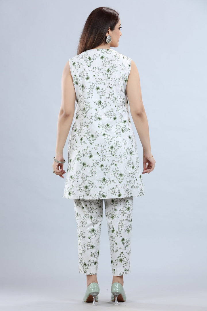 Off White & Green Cotton Printed Kurta Pant Co ord Set