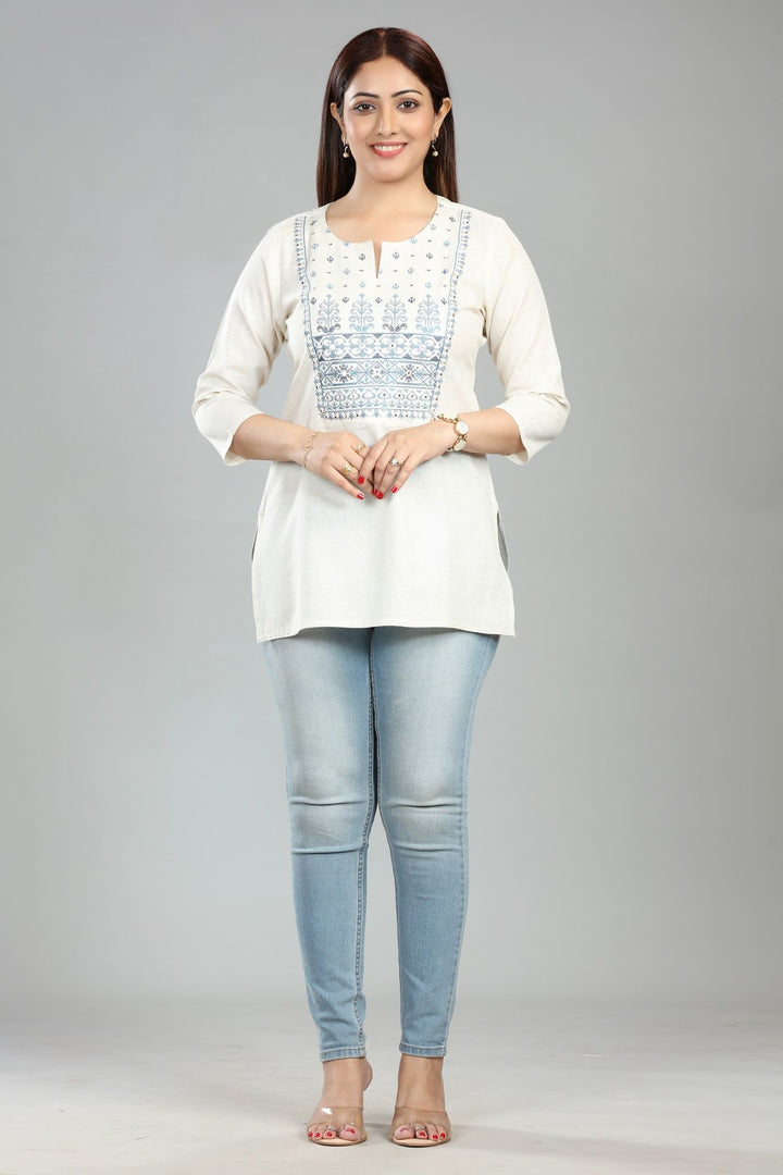 Seyma Off White Flex Cotton Short Kurti