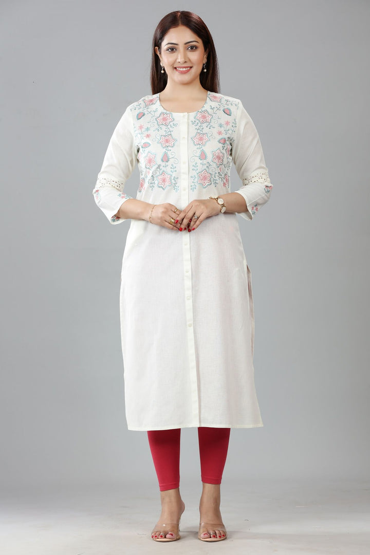 Off White Cotton Embroidered Straight Kurta