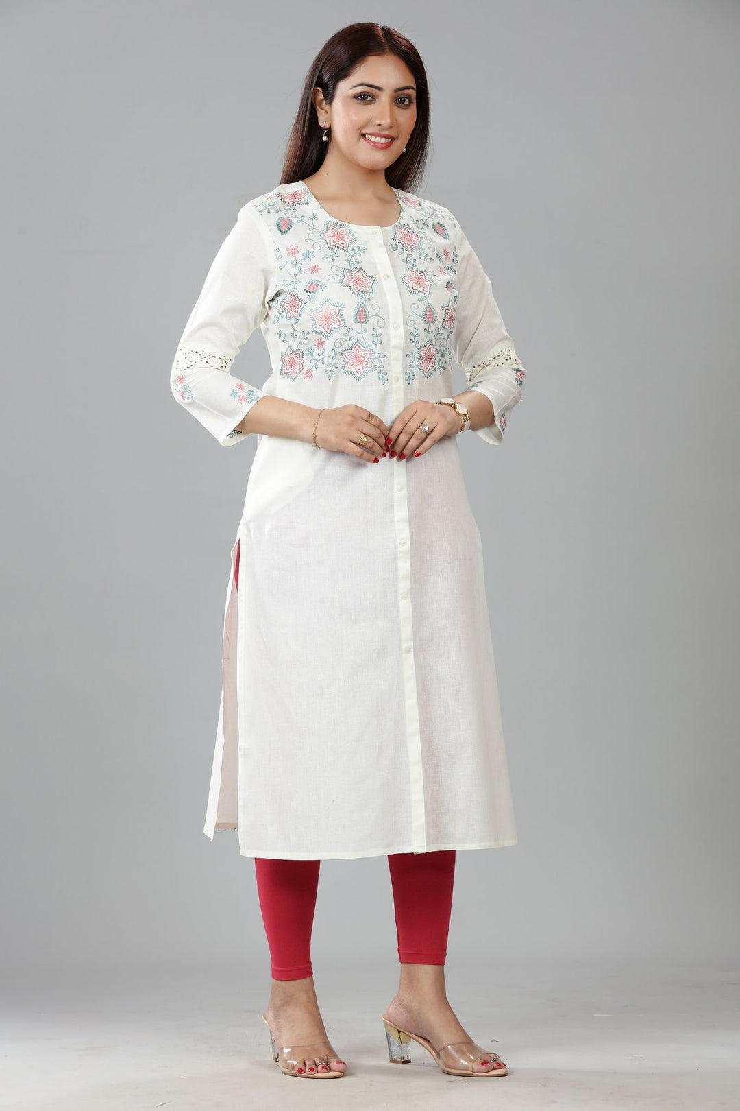 Off White Cotton Embroidered Straight Kurta