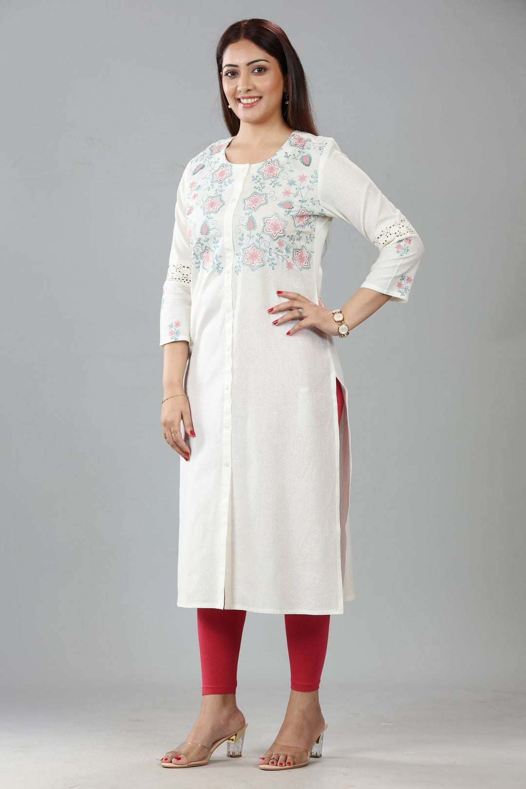 Off White Cotton Embroidered Straight Kurta