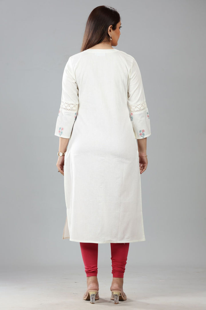 Off White Cotton Embroidered Straight Kurta