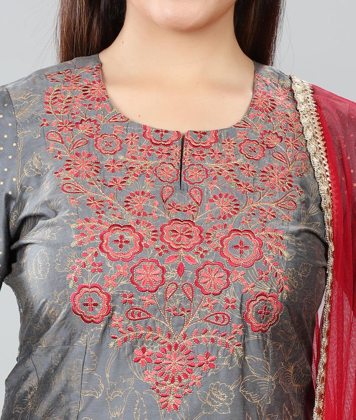 Sherine Gray Cotton Silk Embroidered Kurta, Pant & Dupatta Set