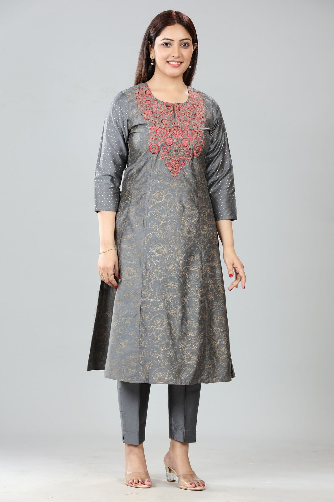 Sherine Gray Cotton Silk Embroidered Kurta, Pant & Dupatta Set