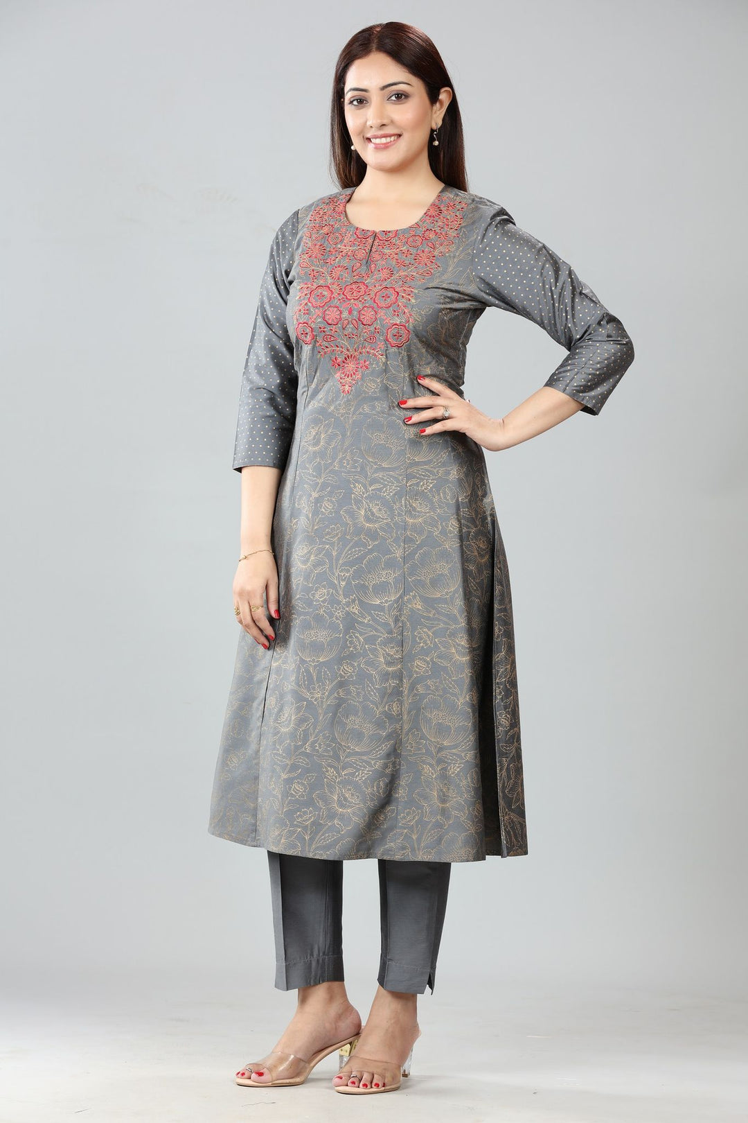 Sherine Gray Cotton Silk Embroidered Kurta, Pant & Dupatta Set