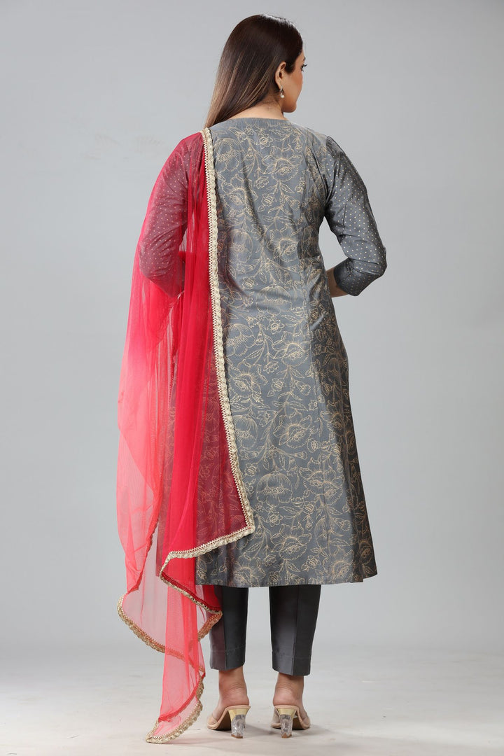 Sherine Gray Cotton Silk Embroidered Kurta, Pant & Dupatta Set