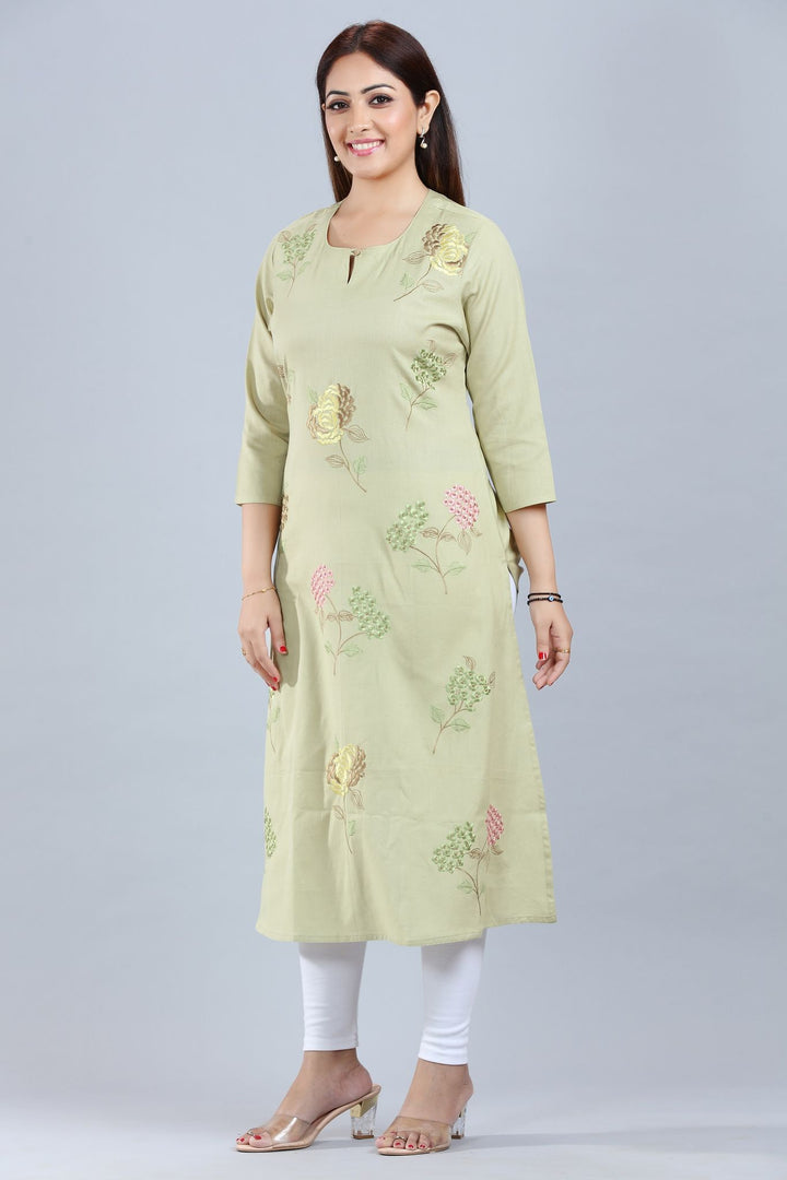 Shitija Pastel Green Cotton Embroidered Kurta