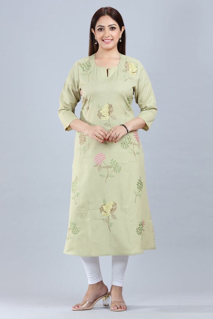 Shitija Pastel Green Cotton Embroidered Kurta