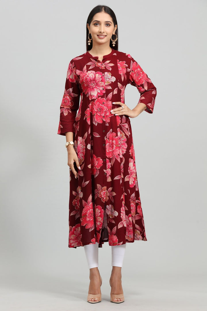 Maroon Rayon A Line Printed Kurta