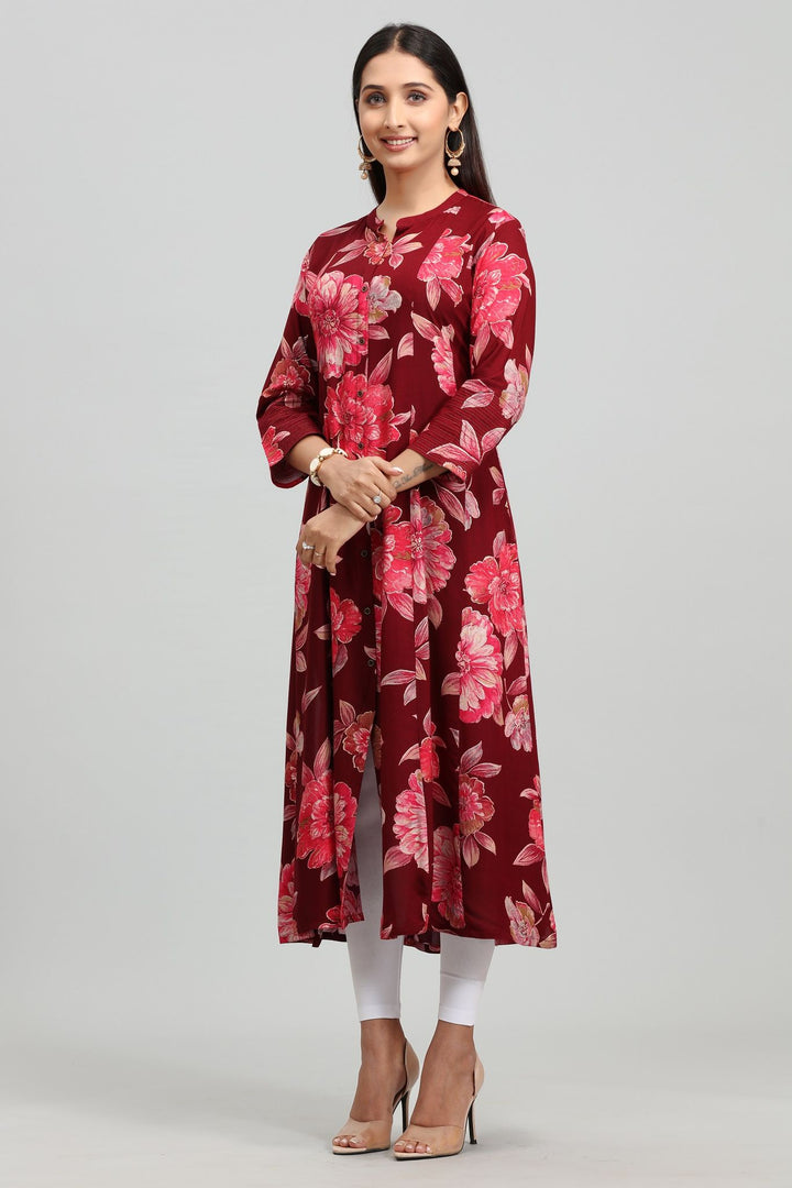 Maroon Rayon A Line Printed Kurta