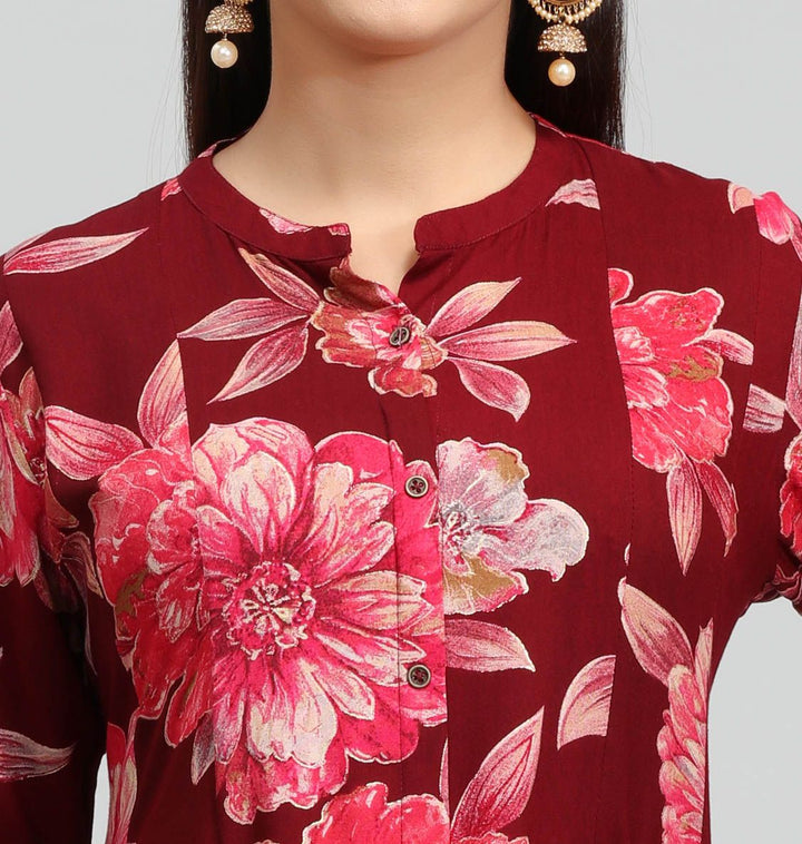 Maroon Rayon A Line Printed Kurta