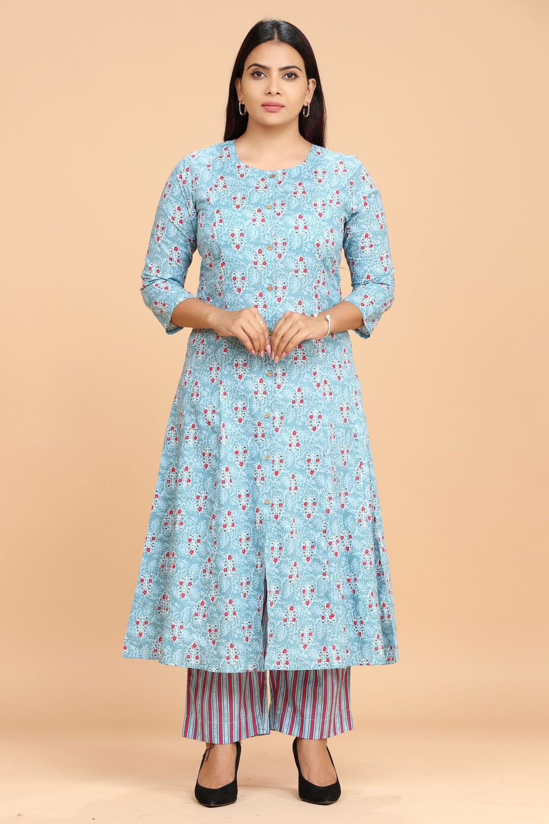 Sky Blue Cotton A Line Printed Kurta Pant Co ord Set