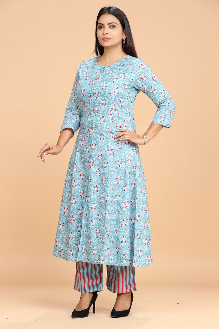 Sky Blue Cotton A Line Printed Kurta Pant Co ord Set