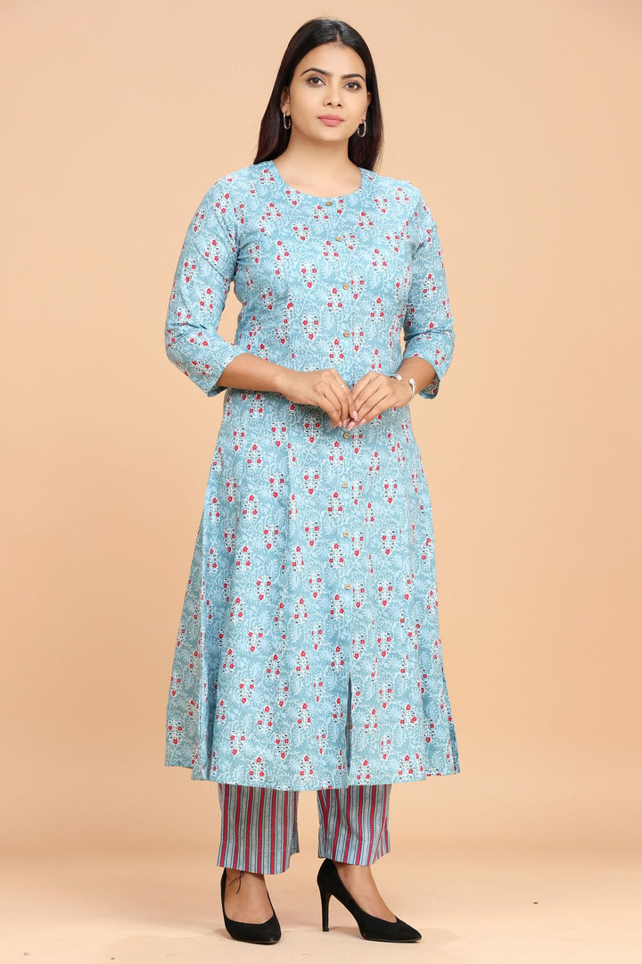 Sky Blue Cotton A Line Printed Kurta Pant Co ord Set