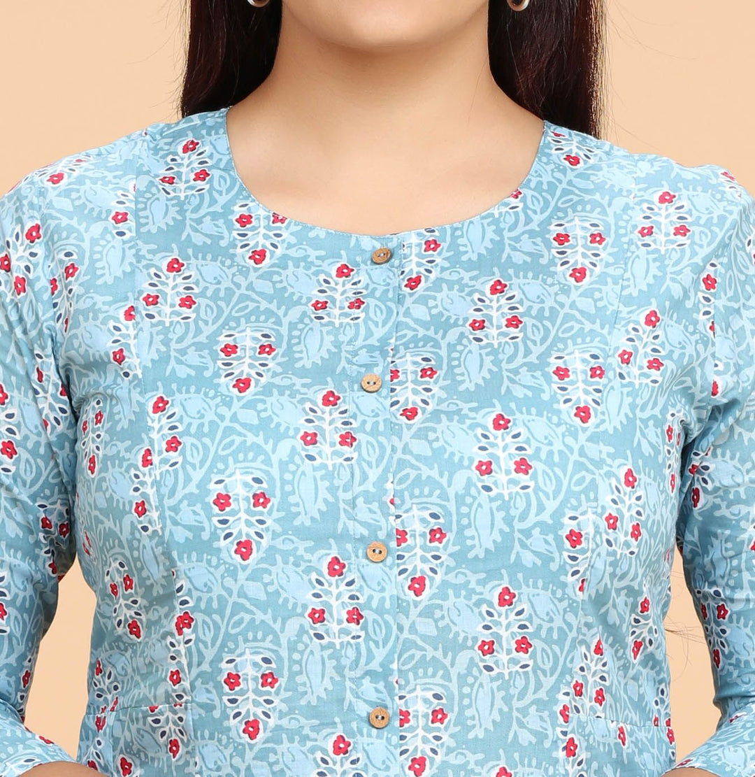 Sky Blue Cotton A Line Printed Kurta Pant Co ord Set