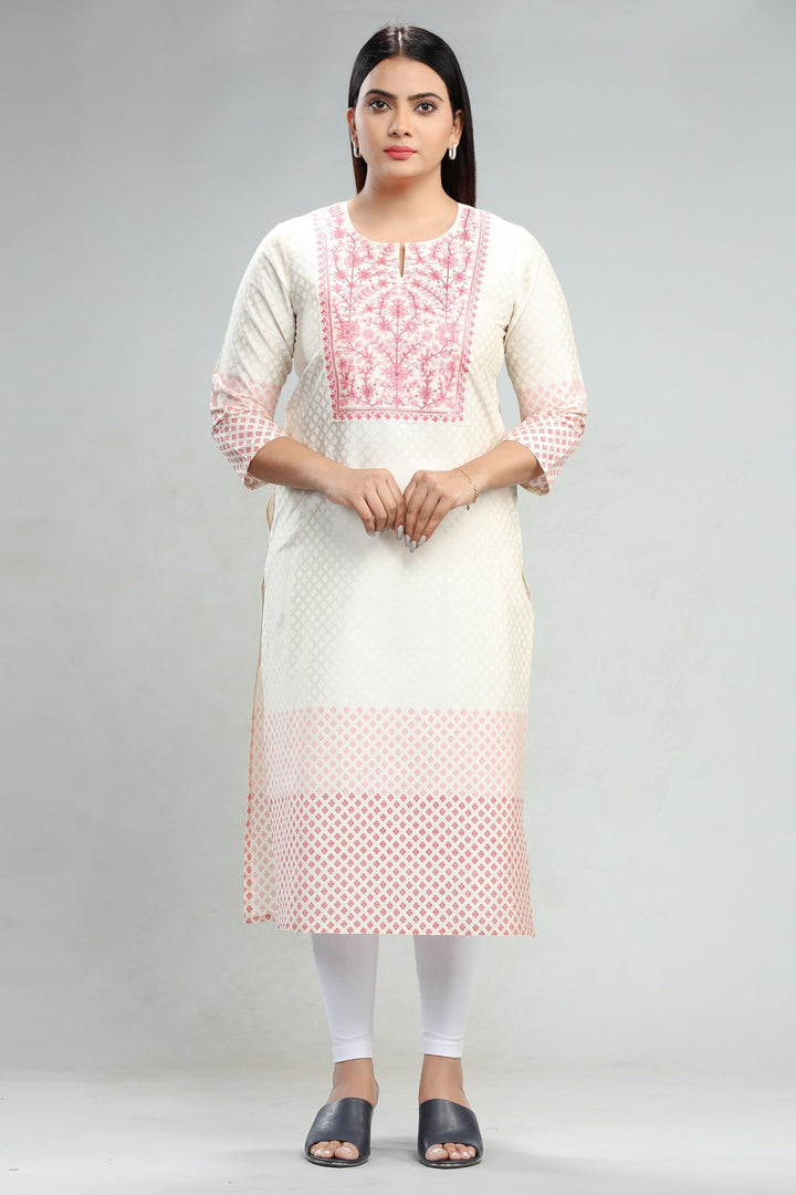 Cream Cotton Straight Embroidered Kurta