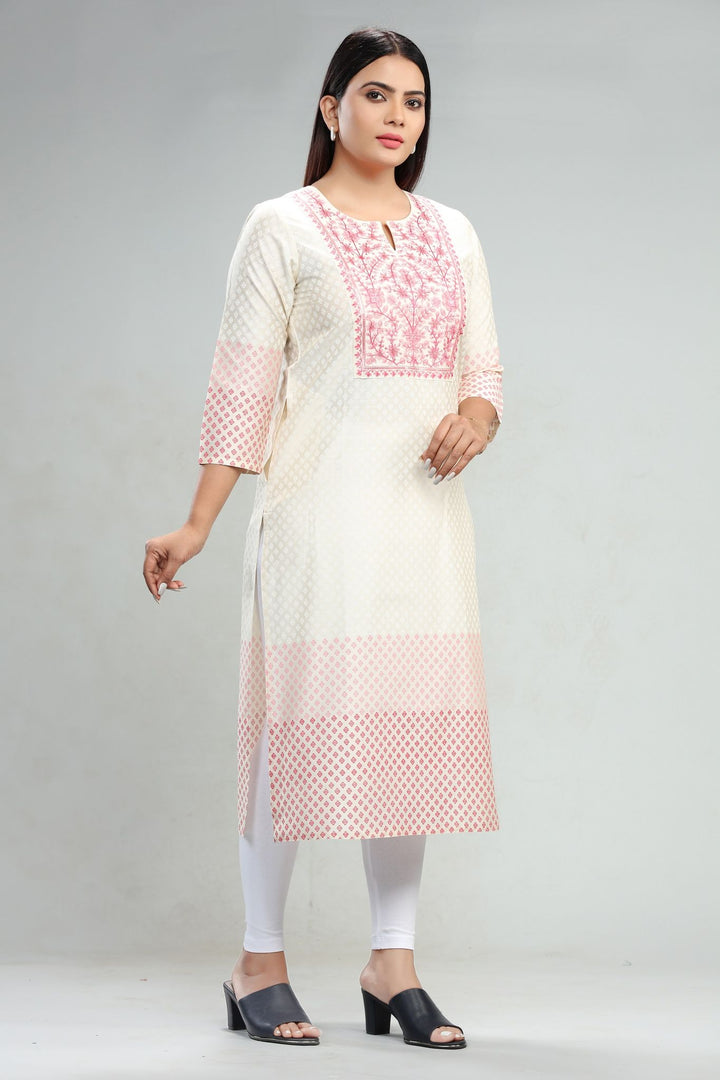 Cream Cotton Straight Embroidered Kurta