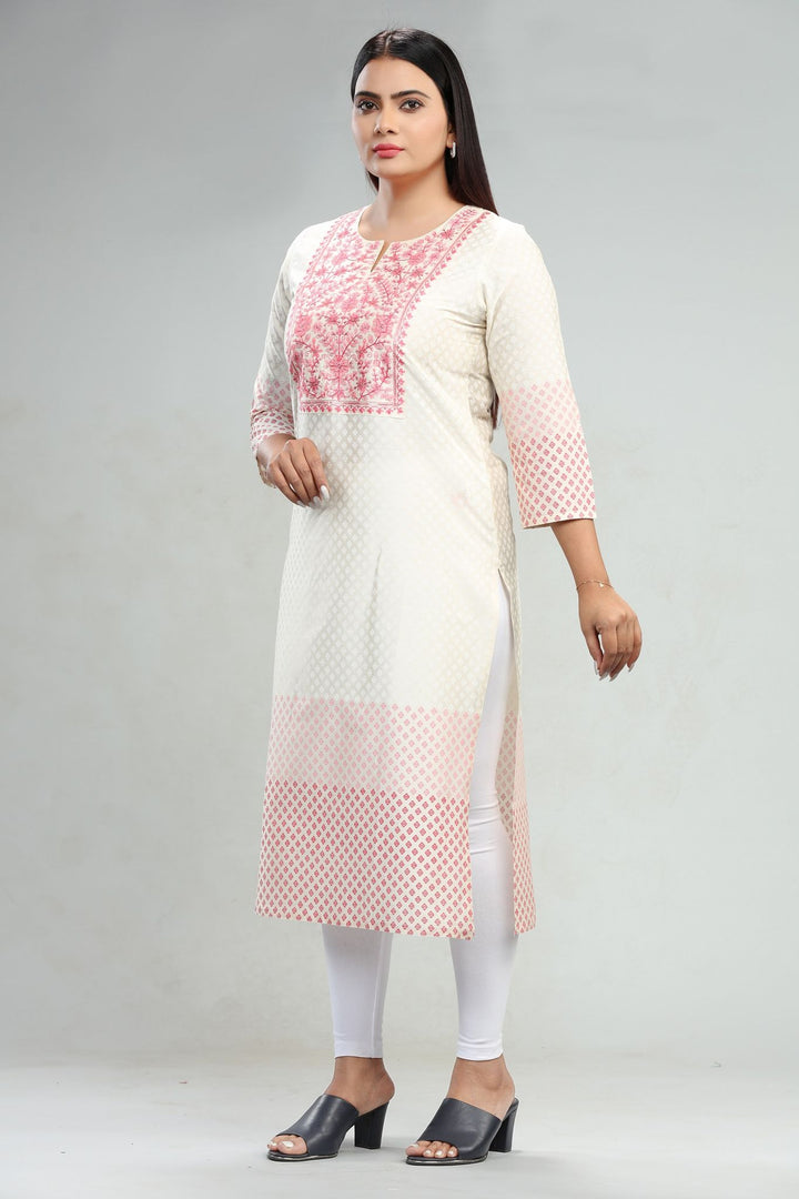 Cream Cotton Straight Embroidered Kurta